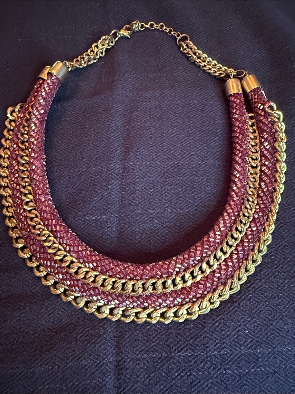 Gold Chain & Burgundy glass bead Statement Necklace